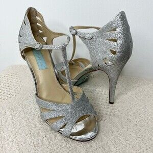 Blue by Betsey Johnson T Strap Silver Glitter Tee Heels Stiletto Sandals Bridal
